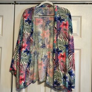 Style Envy tropical Kimono Coverup with vibrant colored floral & palm franz